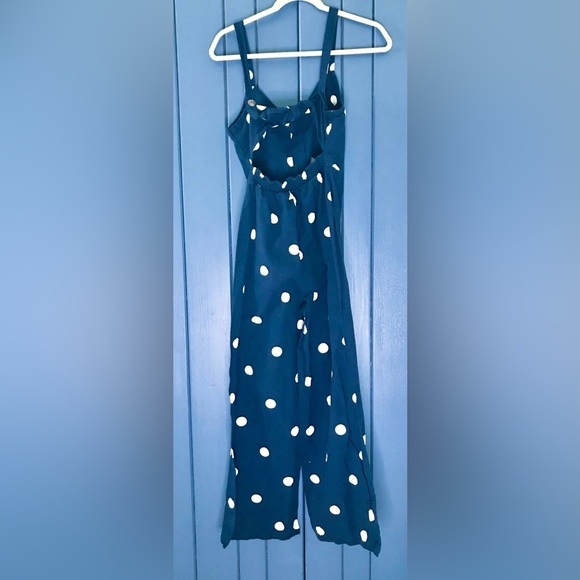 Navy Blue Polka Dot Cropped Jumpsuit Juniors Medium Open Back Whimsical Playful - Picture 3 of 6